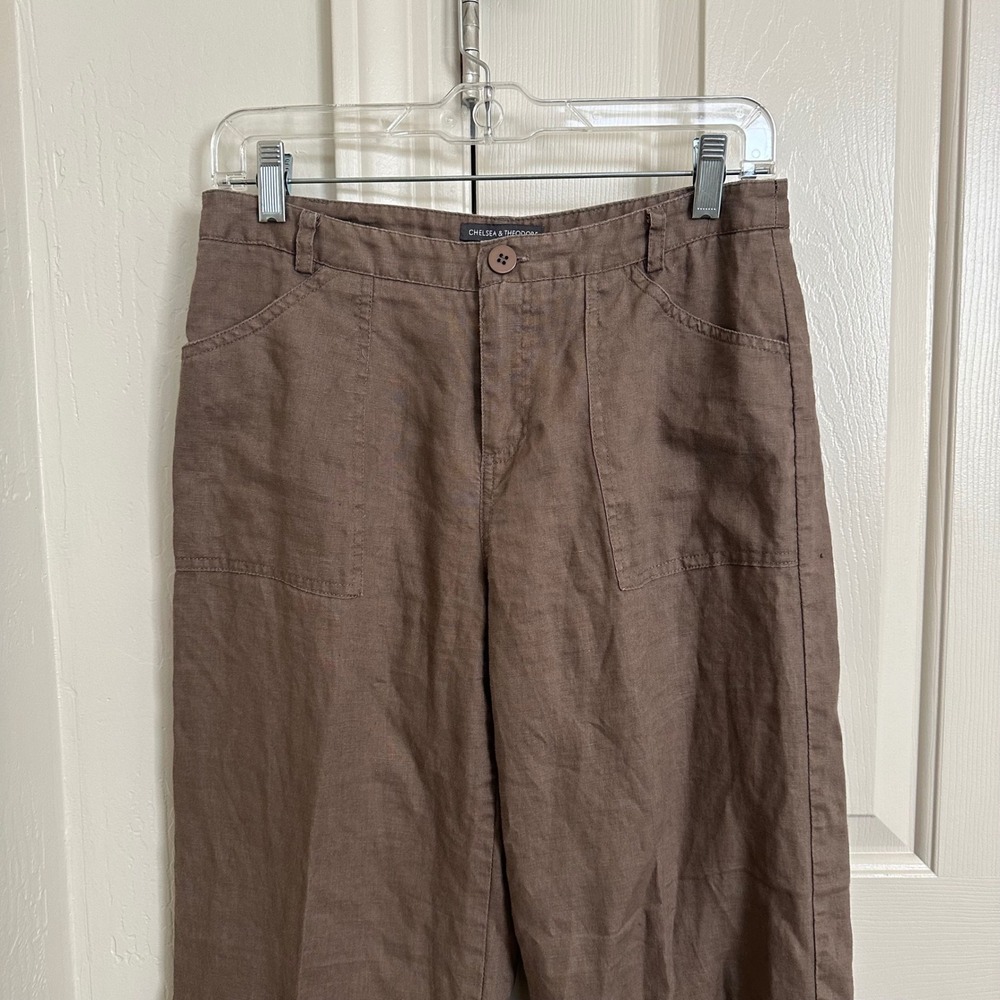 Chelsea & Theodore 100% Linen Wide Leg Utility Pants -‎ Chocolate Brown - Size 4 - Picture 2 of 7